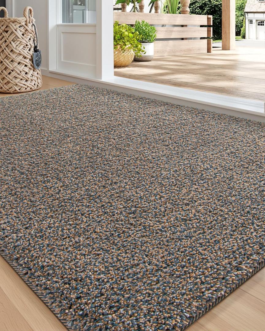 DEXI Front Door Mat 35x59, Super Absorbent Washable Doormat, Non Slip Dirt Trapper Inside Floor Mats for Entrance, Entryway, Patio, Brown Mixed Blue