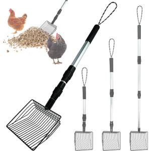 Chicken Poop Scooper 3 in 1 Adjustable Long Handle Litter Scoop Heavy Duty Metal Chicken Poop Scooper Litter Sieving Shovel, Chicken Coop Accessories (22-41.7")