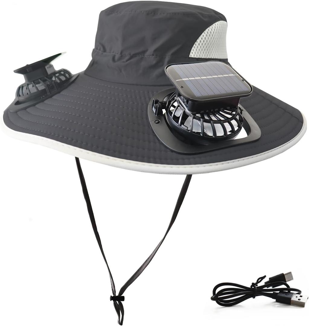 Solar Fan Hat Rechargeable 2 Detachable Solar Fans, Water-Repellent Wide Brim Bucket Hat, Outdoor Camping Hiking Golf Sun Hat (Darkgray)