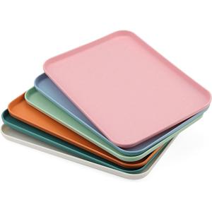 KEILEOHO 6 PCS 31 x 22cm Plastic Colourful Fast Food Serving Trays, 6 Color Rectangular Serving Lap Tray, 12 Inch Coloured Cafeteria Serving Tray for Food Serving Home Hotel Restaurant, 6 Colors