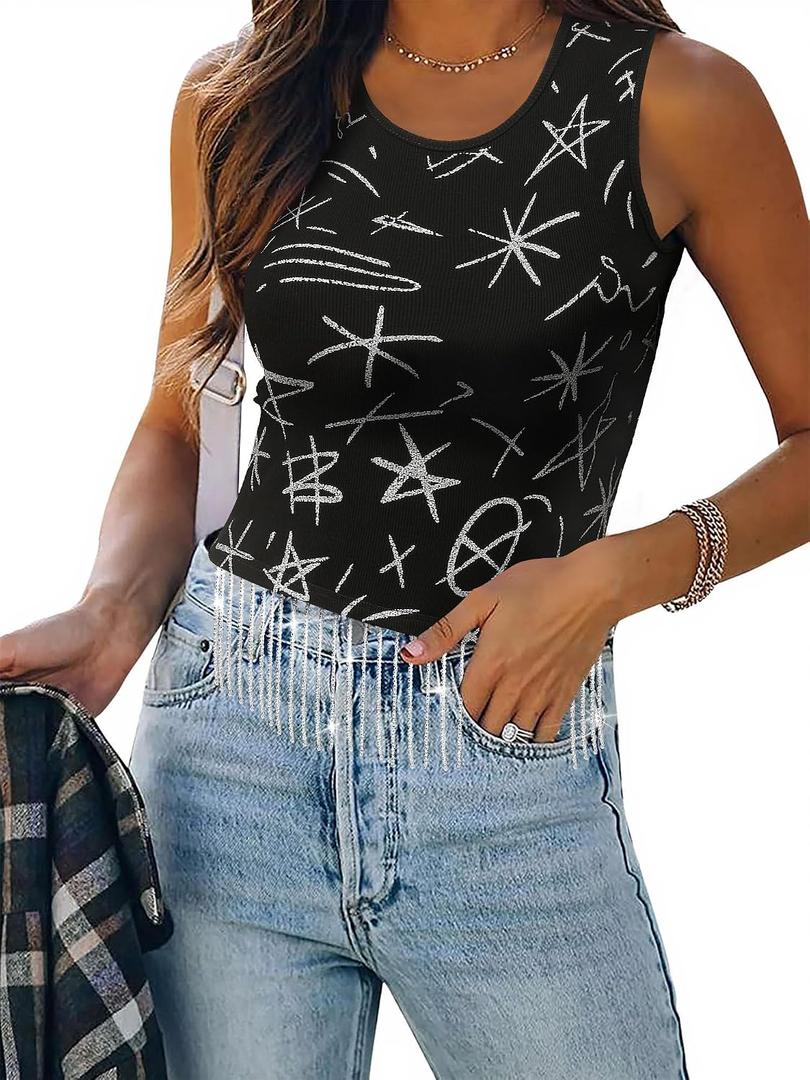Nlife Womens Nashville Sparkly Fringe Sleeveless Tops Concert Raceback Ribbed Tank Tops with Glitter Tassel (Black, S)