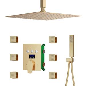 Digital Display Shower Faucet Set With 12 Inch Rainfall Shower Head,Brass Handheld Sprayer And 6pcs Body Jets,Full Body Shower System (Brushed Gold)