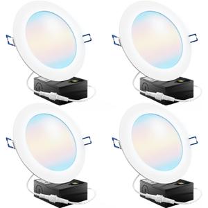 Sunco 6 Inch LED Recessed Light, Canless Ceiling Lights Slim with Junction Box, 850 LM, 14W (100W Equivalent), Selectable CCT 2700K/3000K/4000K/5000K/6000K, Dimmable, Wafer Thin ETL 4 Pack