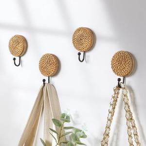Set of 4 Boho Rattan Wall Towel Hooks Decorative Woven Hanging Holder Farmhouse Coat Rack Hooks Wood Coat Rack Wall Mount Vintage Decorative Hook for Hanging Coats