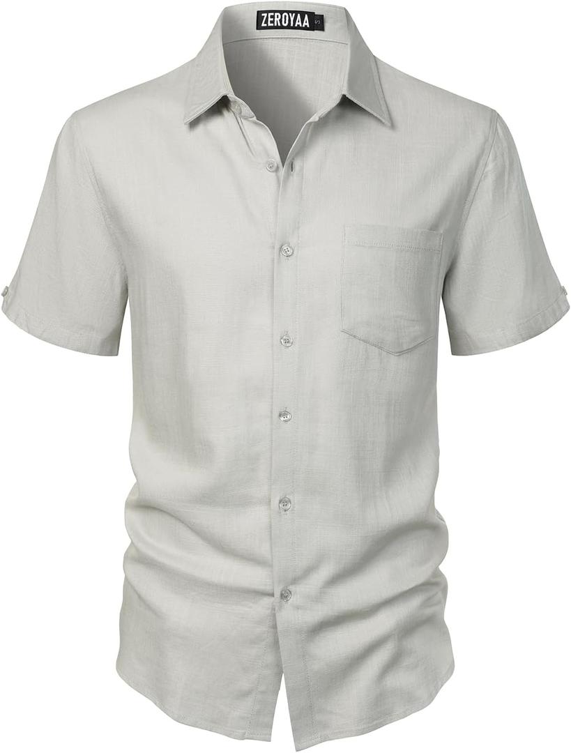 ZEROYAA Men's Linen Shirts Short Sleeve Summer Casual Button Down Beach Shirt with Pocket (Gray, XL)