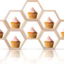 Kigley 8 Pcs Mini Honeycomb Cupcake Stand Wooden Hexagon Cake Display Holder Farmhouse Hexagonal Floating Table Sign for Baby Shower Birthday Party(Burly Wood)