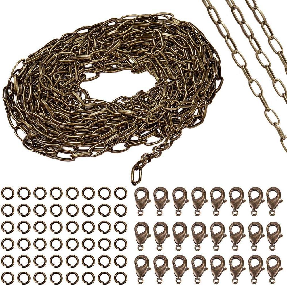 SUNNYCLUE 16.4Feet/ 5m Antique Bronze Curb Cable Chain Link Necklace Paperclip chain Large 20Pcs Brass Lobster Claw Clasps 50Pcs Brass Jump Rings Jewelry Chains for Jewelry Making Supplies DIY Craft