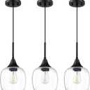 3 Pack 1 Light Kitchen Island Indoor Pendant Ceiling Light 6.11" Clear Seeded Glass Shade Fixture,Adjustable Cord Black Finish for Bar,Dining Room,Over Sink Bedside