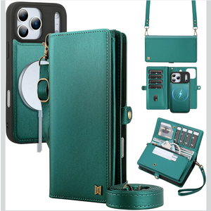 for Wallet Case Compatible with iPhone 17 Pro Max,Multi-Function Detachable 2 in 1 Magnetic iPhone 17 Pro Max Case Wallet,Flip Strap Zipper Card Holder Phone Case with Shoulder Straps (Green)