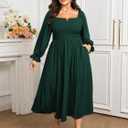 SCOMCHIC Womens Plus Size Maxi Dress Long Sleeve Square Neck Smocked Dress | Wedding Guest Cocktail Flowy Split Casual Fall Dress Empire Waist A Line Long Dresses with Pockets (XXXL)
