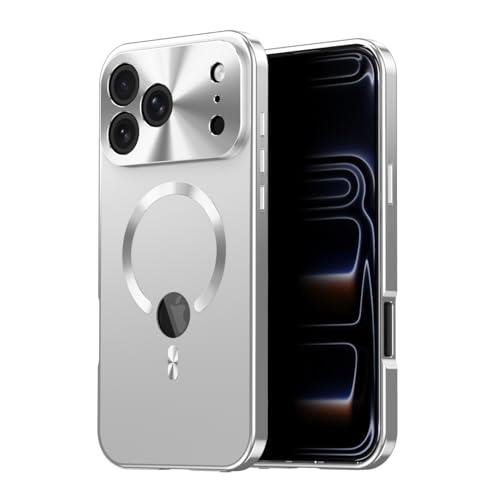Doulings Magnetic Metal Edge Full Body Military Drop Protection for iPhone 17 Pro Max Case,Compatible with MagSafe,Rugged Built-in Privacy Screen Protector Logo View Shockproof Cover,Silver