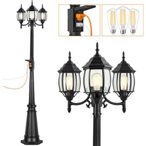 PARTPHONER Outdoor Lamp Post Light with GFCI Outlet, 3-Head Classic Black Light Pole with Glass Panels (3 LED Bulbs Included), Aluminum Waterproof Outside Street Light for Backyard Garden Driveway