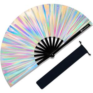 Large Rave Fan, Clack Folding Hand Fan with Premium Fabric, Thick Bamboo Frame for Men Women Gift for EDM, Festival, Club, Party, Dance, Decoration (Holographic Silver, 13")