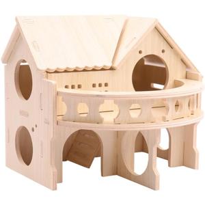 Improved Safety Large Balcony Small & Cute Wooden Hamster House with Large Balcony – Double-Decker Forest-Style Hut for Dwarf Hamsters, Mice, Gerbils, Rats & Small Pets (Compact Size Only)