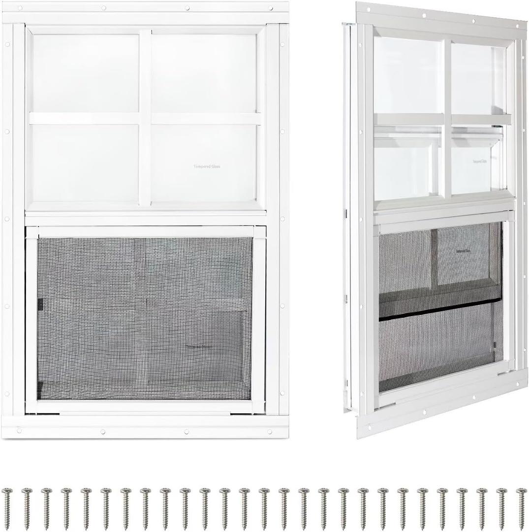 COLORPAPA 2 Pack Shed Windows,18" x 23" Small Sliding Windows,Flush Mount Windows with Tempered Glass and Fiberglass Screen for Shed, Chicken Coop, Playhouse, Household, Garage, Barns (White)