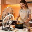 Kitchen Pot Lid Storage Rack, Double Layer Pot Lid Organizer Rack & Holder While Cooking, Metal Pot Lid Stand with Spoon Rest and Removable Drip Tray, Space-Saving Design (Gray, 2)