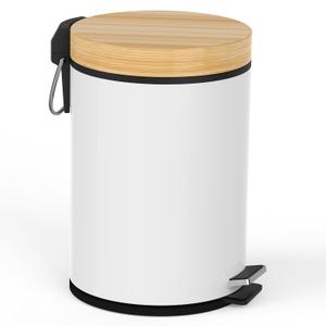 Bathroom Trash Can with Bamboo Lid, 5 Liter  1.32 Gallon Soft Close Kitchen Trash Can - Removable Liner, Foot Pedal, Steel Construction, Anti-Slip Garbage Can  Small Trash Bin for Bedroom & Office