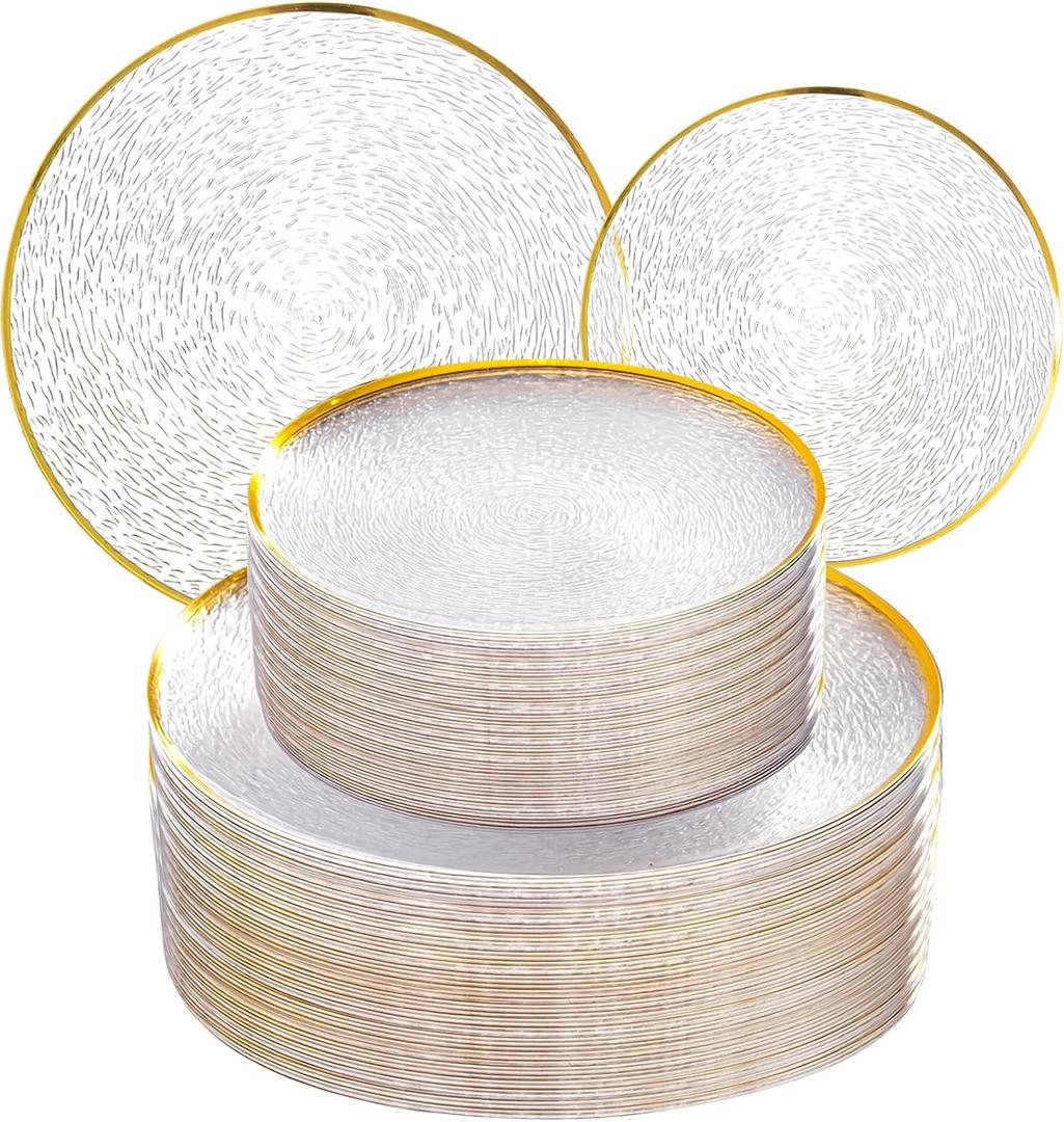 Licaere 60Pcs Clear Plastic Plates - Clear Disposable Plates With Gold Rim - Heavy-duty Gold Plates, Party Plates Include 30Clear Dessert-Platos,30Dinner-Platos for Wedding Party Spring, 10.25inch