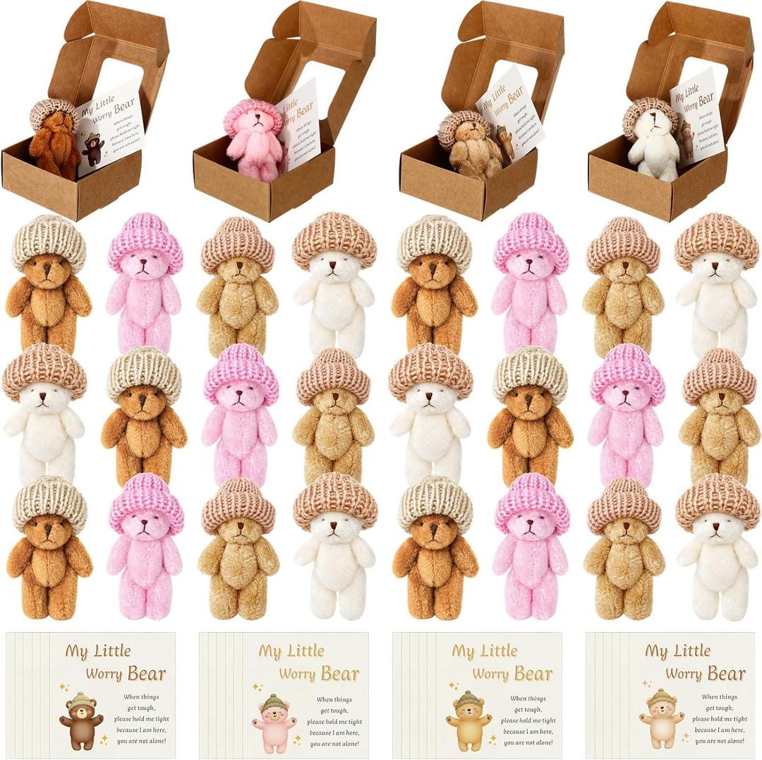 24 Sets Mini Bear Plush in Box Little Bears Bulk with a Hat Handmade Soft Pocket Teddy Bears with Encouragement Card Stress Relief Toys Party Gift for Backpack