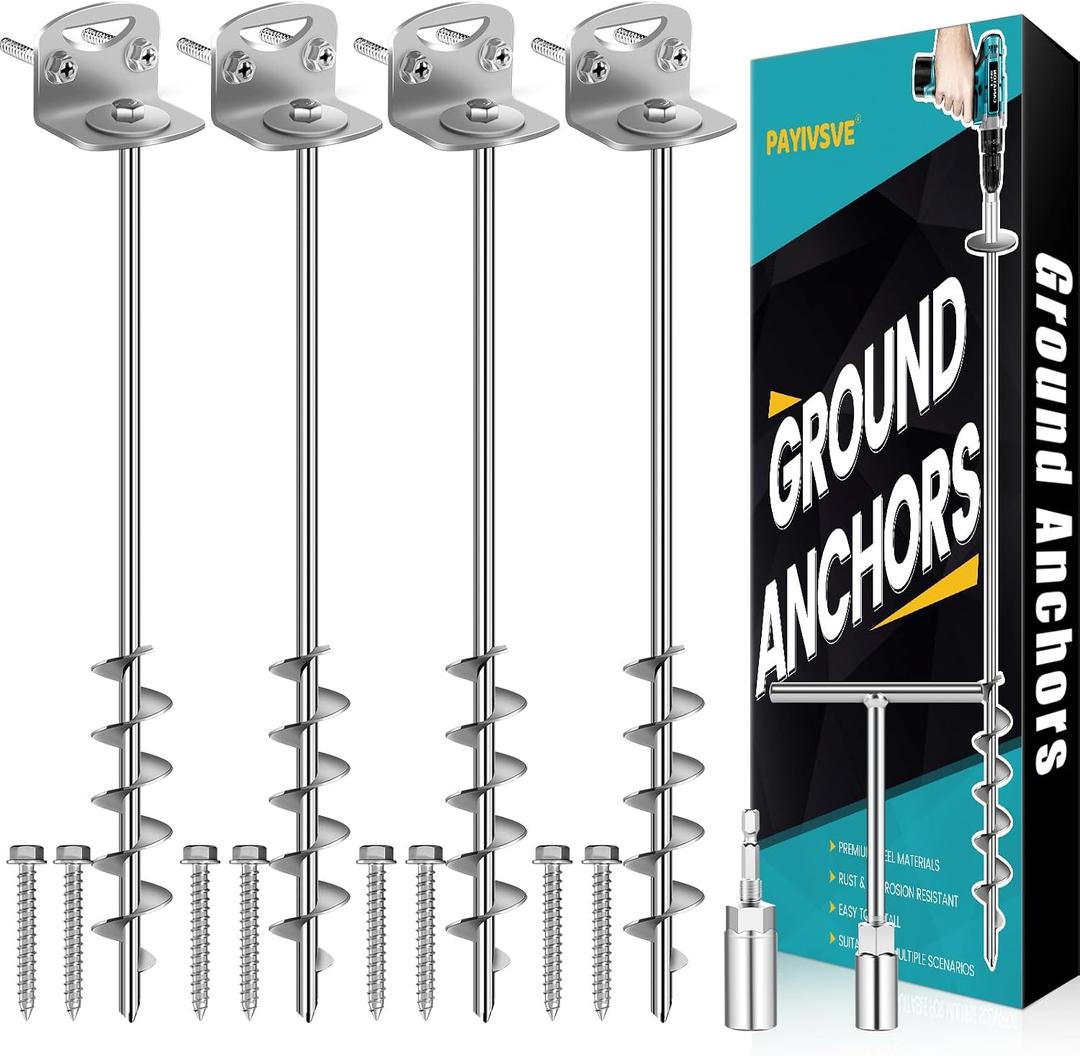 25" Ground Anchors Screw in, Mobile Home Anchors with Upgraded Wider Spiral Blades, Earth Shed Anchor High Wind Heavy Duty for Graden, Storage Shed, Trampoline, Carports, Swing Set(Silver-4x25in)