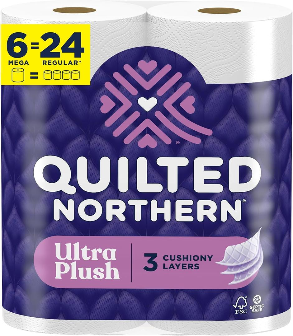 Quilted Northern Ultra Plush Toilet Paper, 6 Mega Rolls = 24 Regular Rolls, 3X Thicker*, 3 Ply Soft Toilet Tissue | 3X Thicker*, Ultra Soft