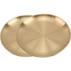 Stainless Steel Gold Plates 2 Set Round Dinner Dishes 7 Inch Metal Plates Great for Picnic,Outdoor Camping Plate,Shatterproof Dishwasher Safe