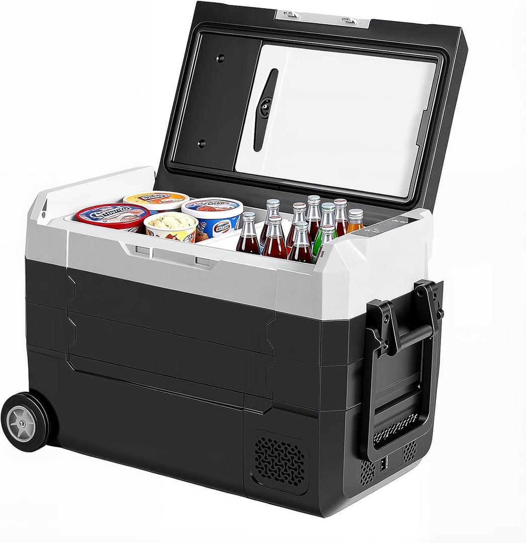 OLIXIS Portable Car Refrigerator, 42QT Dual-Zone Electric Cooler for Vehicles with Wheels & Cutting Board, -4-68 Freezer Smart Control via Bluetooth, Battery Protection, 12/24V DC & 100-240V AC