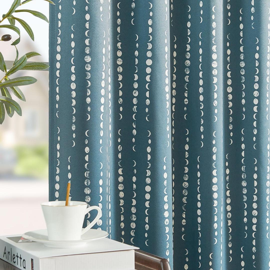 jinchan 95% Blackout Bohemian Moon Phase Print 84 Inch Long Blue Curtain Suitable for Bedroom, Living Room, Nursery, Farmhouse, Pole Mouth, Back Label, Insulated Window Treatment Set 2 Panels