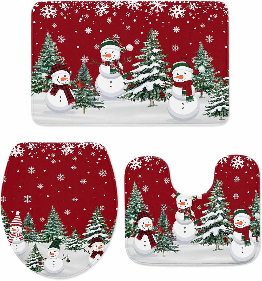 Christmas Bathroom Rugs and Mats Sets 3 Piece Snowman Xmas Tree Bath Sets Non Slip Bath Rug Set with U Shape Rug Red Cardinal Bird Snowflake Contour Toilet Rug for Bathroom Floor Xmas Decor Small Size (18"x30"+14"x18"+15"x18"Small)