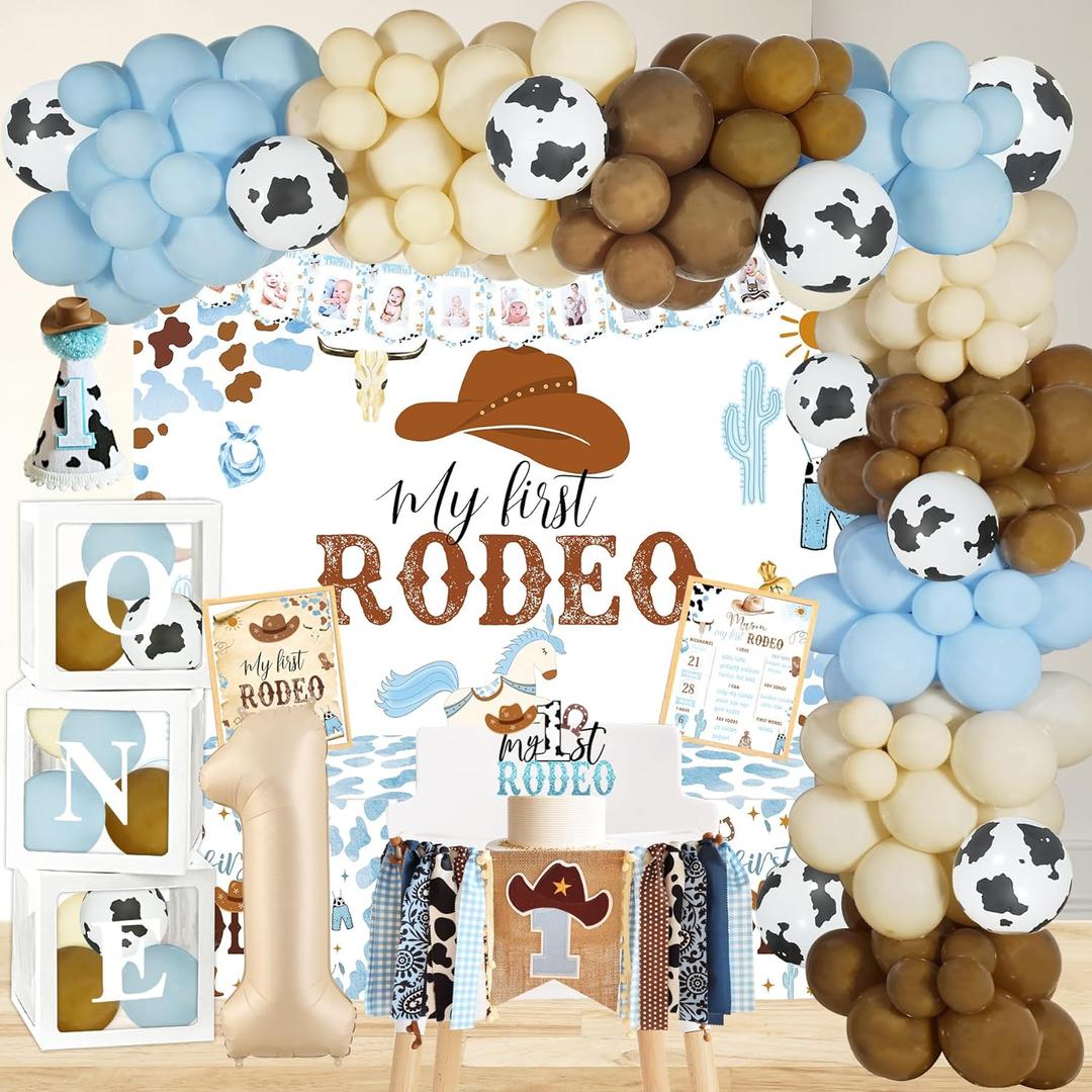 Cowboy 1st Birthday Party Decorations, My First Rodeo Party Supplies, Cowboy 1st Bday Balloon Arch Balloon Box Photo Banner Highchair Banner Crown