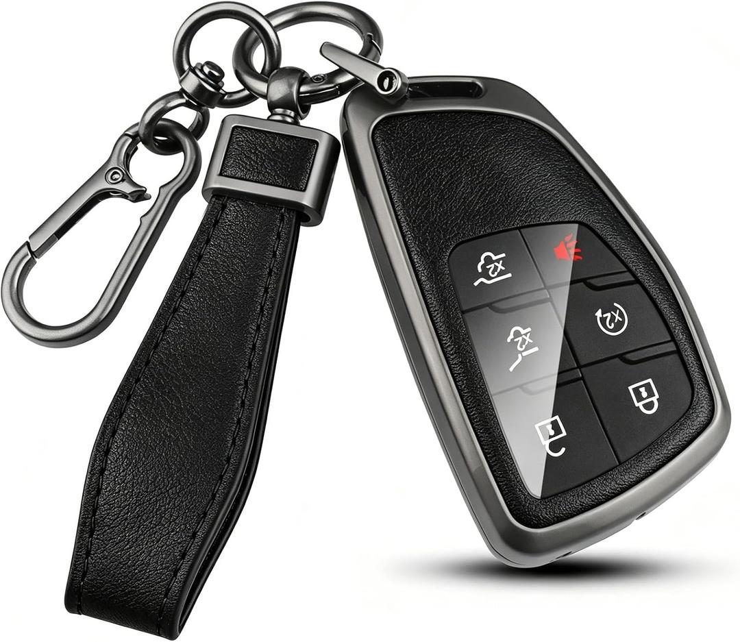 for Chevy Key Fob Cover PU Leather, 3/4/5/6 Button Heavy Duty Car Key Case for Chevy 2022 2023 2024 2025 2026 GMC Sierra 1500 Suburban Tahoe Yukon Denali Silverado 2500HD(Black-Black)