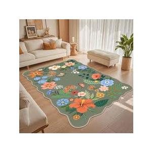 5x7 Floral Washable Area Rugs, Lagre Living Room Rug Floral Vintage Soft Ultra Thin Kids Bedroom Carpet Rug for Girls Playroom Entryway, Green