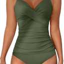 B2prity Women's Ruched Tankini Swimsuits V Neck Wrap Tie Back Two Pieces Bathing Suit Tummy Control Swimwear, Size large