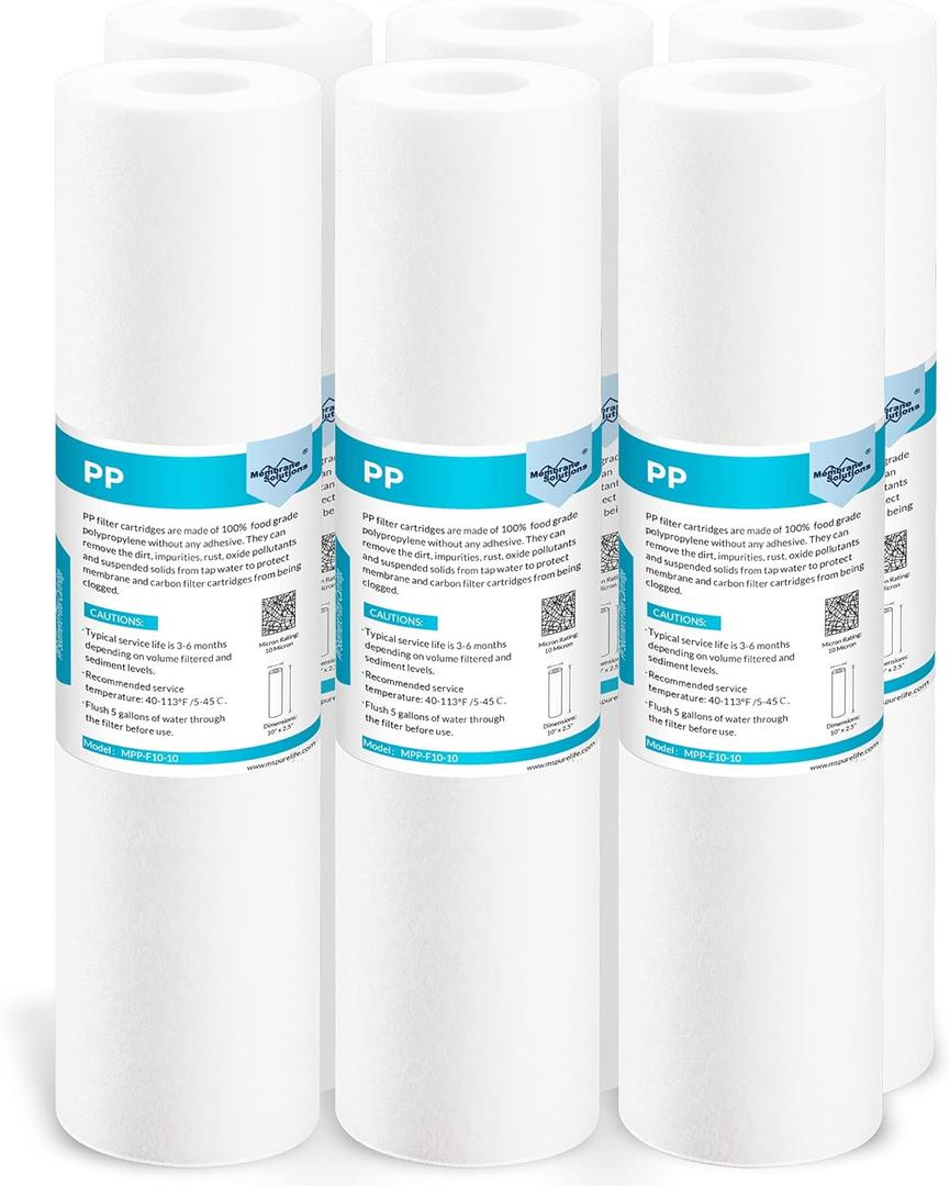 Membrane Solutions 10 Micron Sediment Water Filter Replacement Polypropylene Cartridge 10"x 2.5" for Whole House RO System, Compatible with AP110, GE FXUSC, WHKF-GD05, Culligan P5-6 Pack