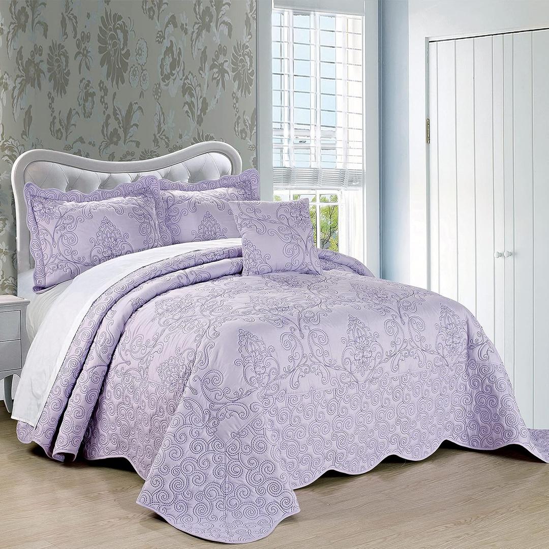 Home Soft Things Damask 4 Piece Bedspread Set, Scalloped Edge Reversible Coverlet Comforter Prewashed Bedding Set, Matelasse Embossed Floral Solid Pattern,Lavender Fog Oversize Queen(110" x 120"), Oversized Queen 110" X 120"