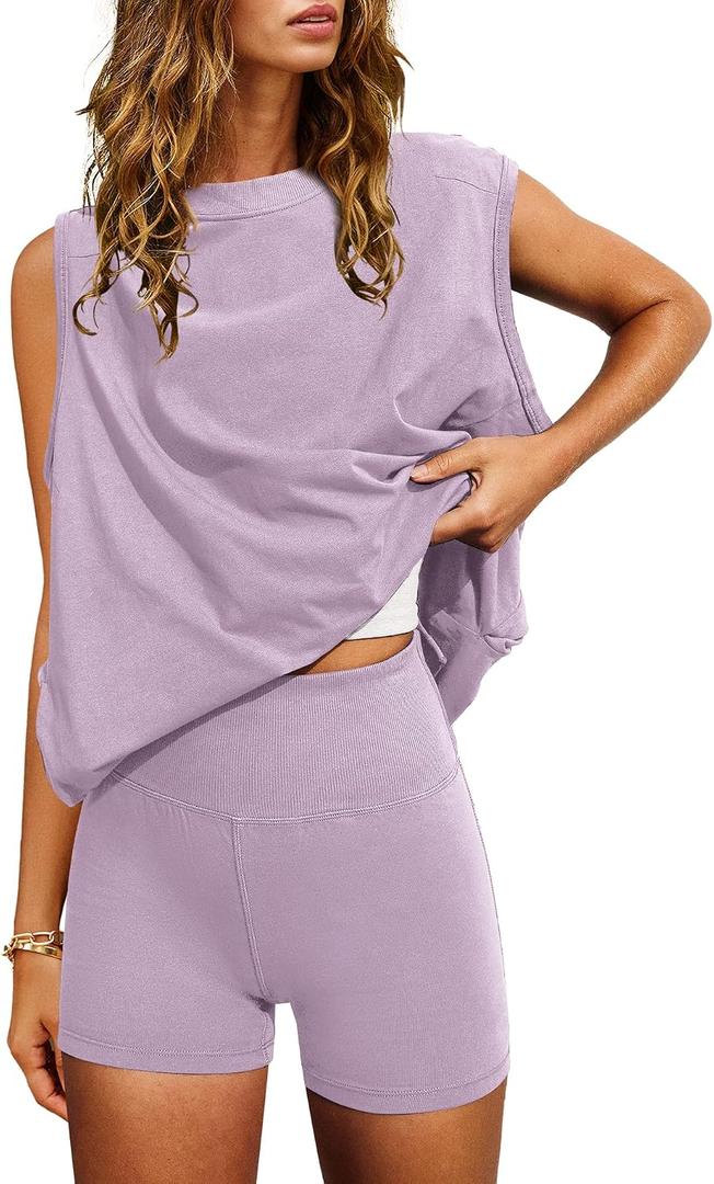 Nirovien Women 2 Piece Outfits Workout Sets Summer Matching Lounge Set Tunic Tops and Biker Short Sets, Medium