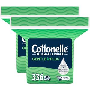 Cottonelle GentlePlus Flushable Wet Wipes with Aloe & Vitamin E, 2 Refill Packs, 168 Wipes Per Pack (336 Total), Packaging May Vary