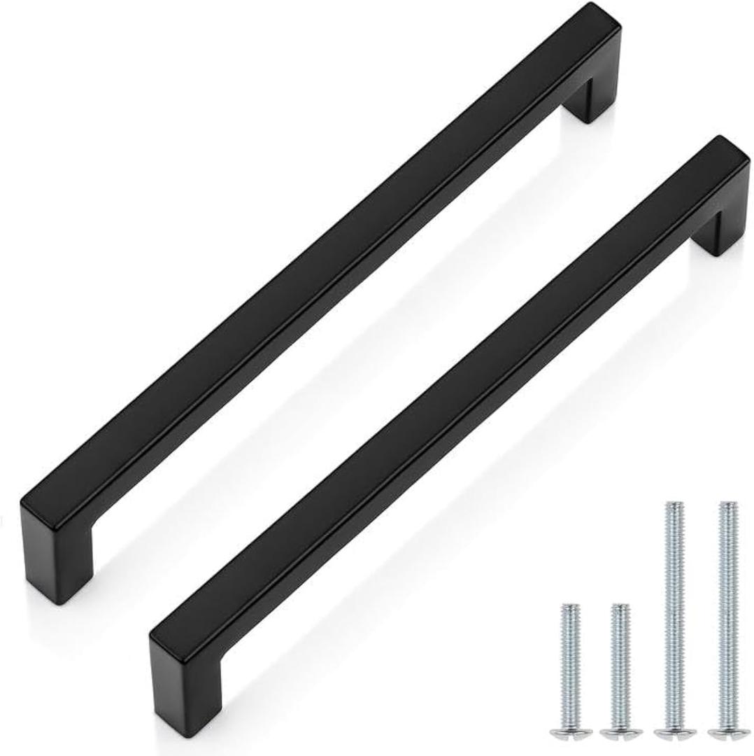Probrico 10 Pack Matte Black Stainless Steel Modern Square Cabinet Pulls, 7-9/16" Hole Centers, 8" Overall Length, 1-2/5" Height, 1/2" Width, 2 Screw Sizes (1" & 1.8")