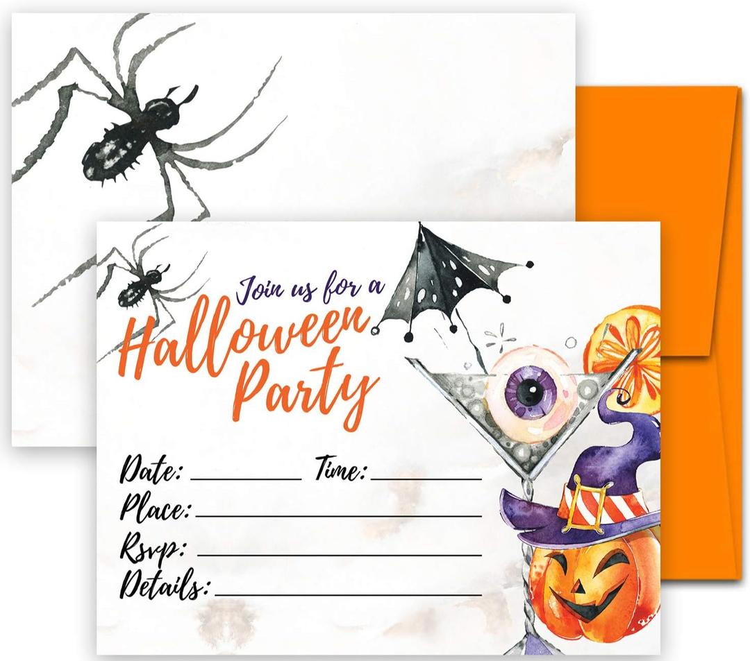 25 Adult Halloween Party Invitations 5x7 with Orange Envelopes Cocktail, Costume Party, Boos and Booze, Spooky Celebrations Witch Ghost Pumpkin Invites