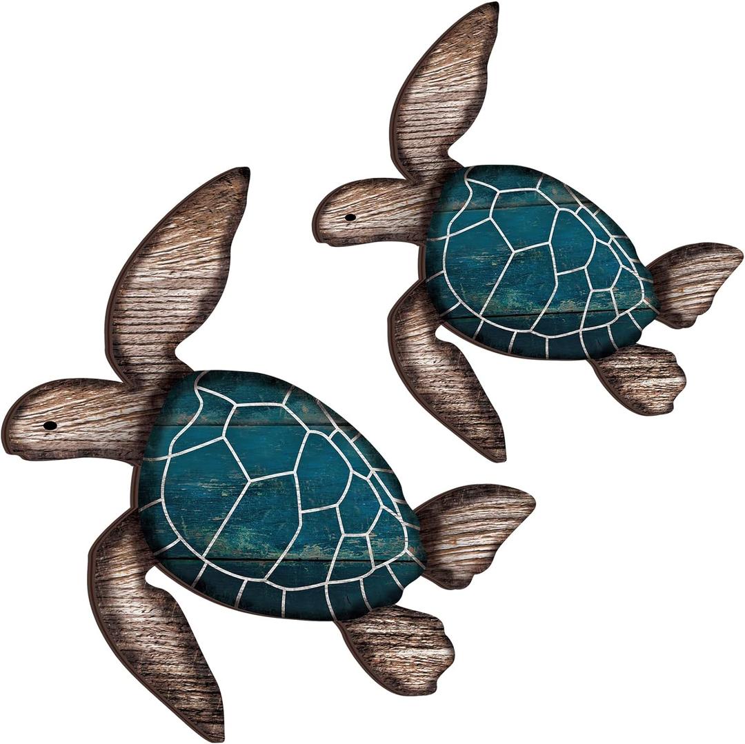 Roowest 2 Sizes Wooden Sea Turtle Wall Decor Farmhouse Ocean Turtle wall art Beach Theme Vintage Coastal Hanging Decoration for Home Lake House Bathroom(Blue)