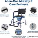 Steel Commode Wheelchair for Adults with Flip-Up Armrests, Padded PVC Seat, 5” Wheels with Brakes, Removable Bucket & Footrests