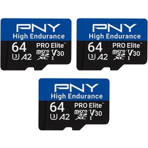 PNY 64GB PRO Elite High Endurance C10 U3 V30 A2 microSDXC Up to 17.2K Continuous Recording Hours, Up to 100MB/s Read, 4K UHD, Full HD, UHS-I, Surveillance, Home Security, Dash Cam, 3-Pack