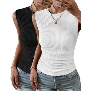Zeagoo Women's 2 Pack High Neck Slim Fitted Basic Tank Top Knit Textured Sleeveless Blouses Medium