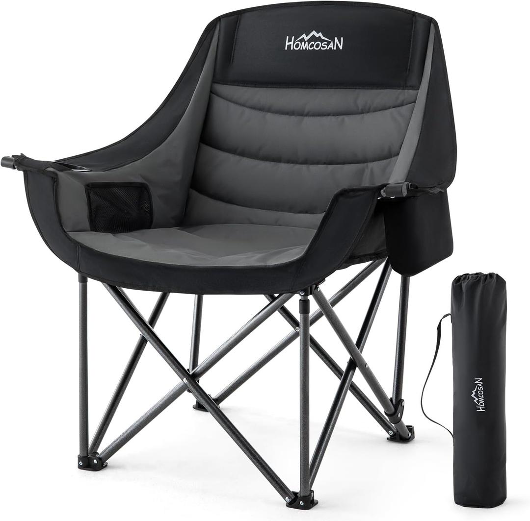 Homcosan Oversized Camping Chairs for Adults, Heavy Duty Padded Outdoor Chairs with Cup Holder and Cooler Pocket, Portable Lawn Chairs, Support 500 lbs, Suitable for Outside Use, Grey, 1 PC