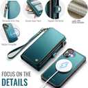 Defencase for iPhone 17 Magnetic Wallet Case Compatible with Magsafe with RFID Blocking Zipper Pocket & Card Holder for Women Men PU Leather Strap Detachable Case for iPhone 17 (6.3 inch), Blue Green