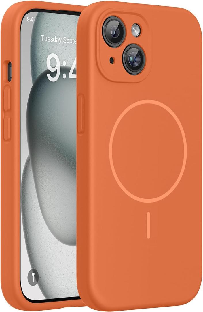 Miracase Magnetic for iPhone 15 Case, [Soft Anti-Scratch Microfiber Lining], Compatible with MagSafe, Liquid Silicone Case Shockproof Drop Protection Phone Case for 15,Orange