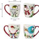 Topadorn Christmas Ceramic Coffee Mug Travel Cup Gift with Lid 18 oz, Porcelain Tea Cup with Handle for Home & Office, Set of 4 Mugs Holiday Gift for Friends and Family