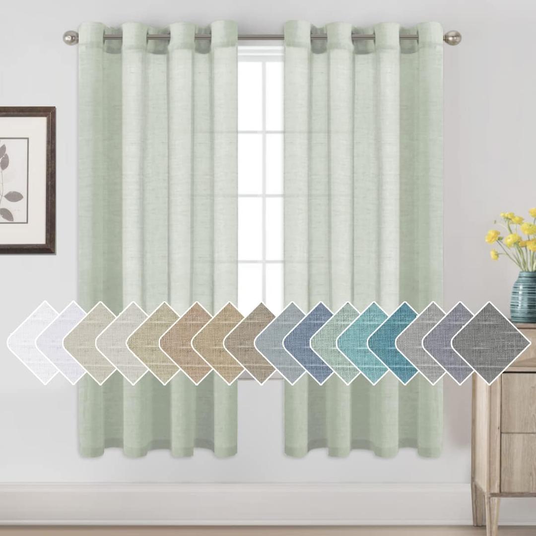 H.VERSAILTEX Linen Curtains Natural Linen Blended Curtain Panels for Living Room/Light Reducing Linen Semi Sheer Curtains 72 inch Length 2 Panels Set Nickel Grommet Window Panels, Sage