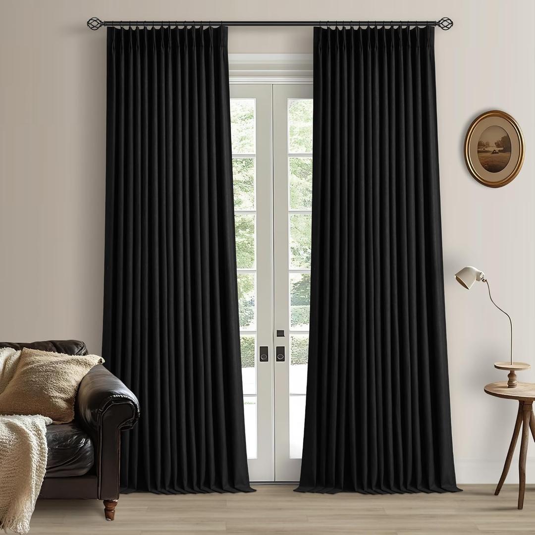 Black Pinch Pleated Linen Blackout Curtains 2 Panels for Living Room Bedroom Thermal Insulated 100% Black Out Linen Drapes with Liner Room Darkening Window Curtains 40x120