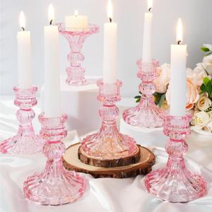 Maxcheck Set of 6 Candlestick Holders Taper Glass Candle Holder Decorative Candle Stand for Wedding Party Table Centerpiece Anniversary Festival Home Decor(Pink)